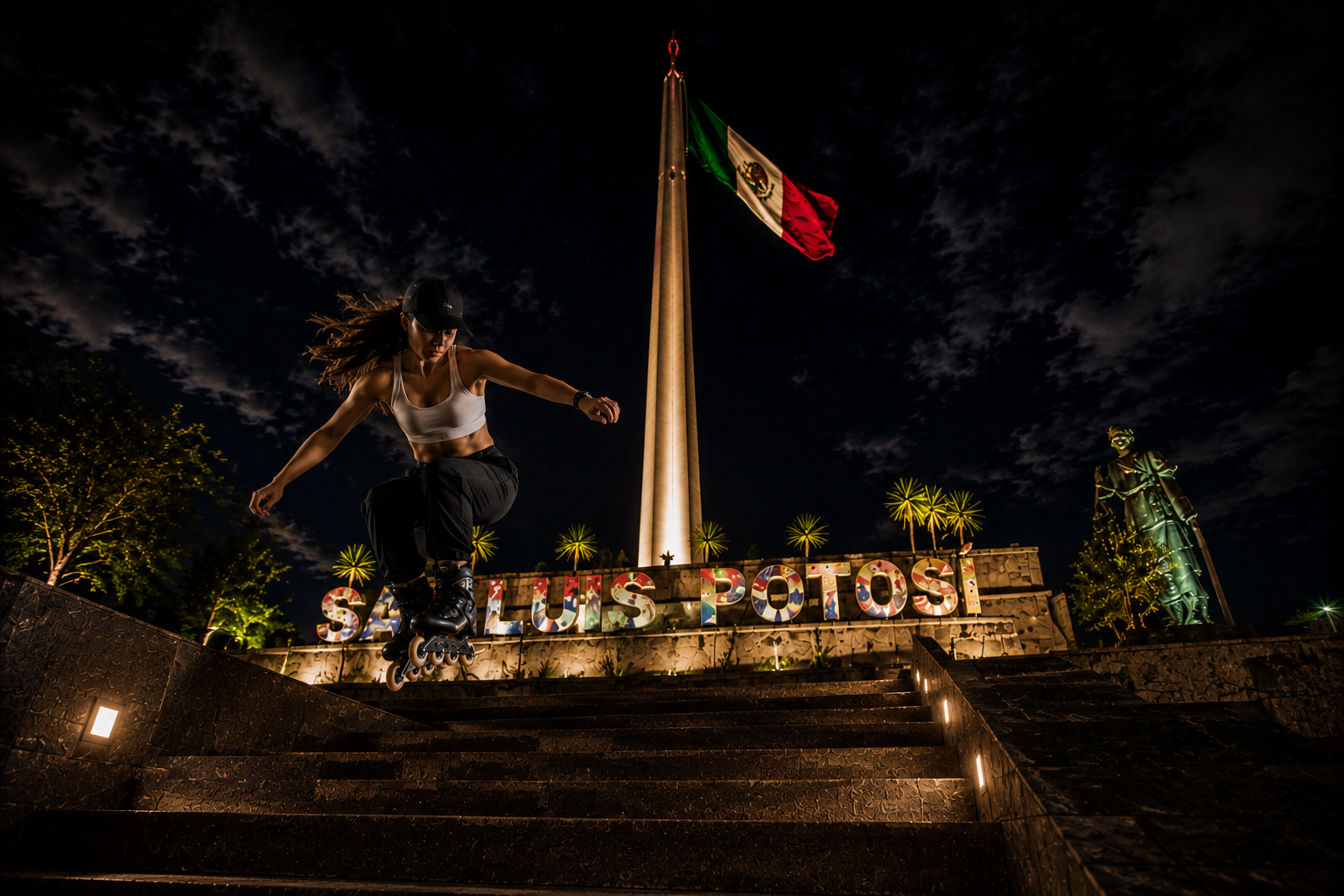 Patinador realizando un salto urbano sobre escaleras.