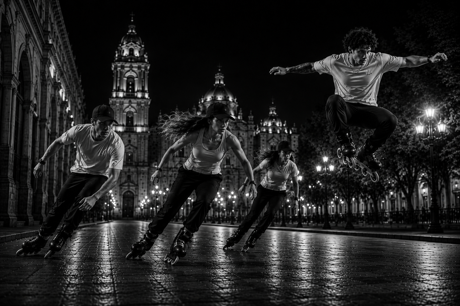Grupo de patinadores urbanos moviéndose en formación sobre asfalto al atardecer.